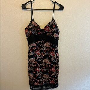 AQUA Red and Black Boho style embroidered dress with lace